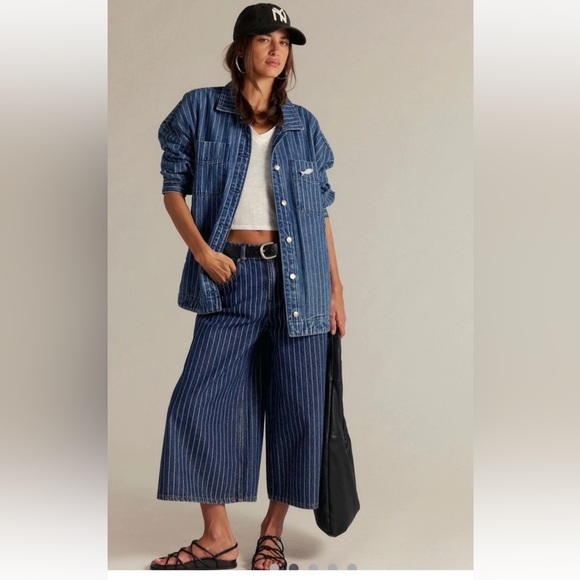 We The Free Denim - We The Free High Top Pinstripe Culottes Wide Leg Cropped Pinstripe